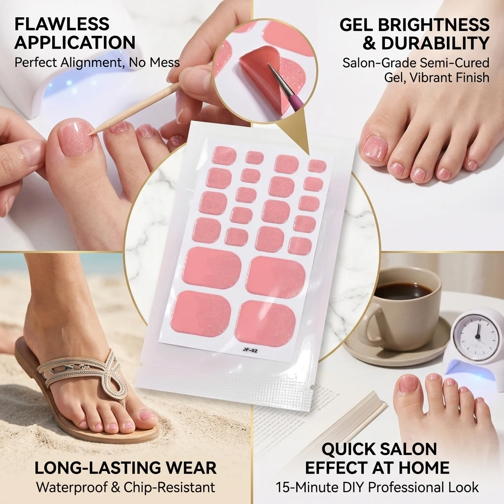 Black Glitter Toe Nail Stickers Full Cover Self-Adhesive Toe Wraps Solid Color Toenails Polish Strips for DIY Foot 22Tips/Sheet