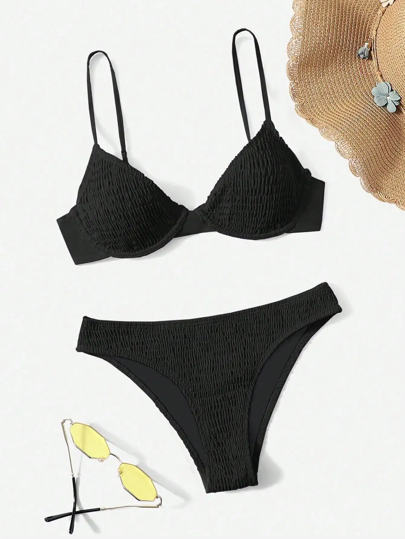 

Black Smocked Underwire Bikini Set For Women Swimwear