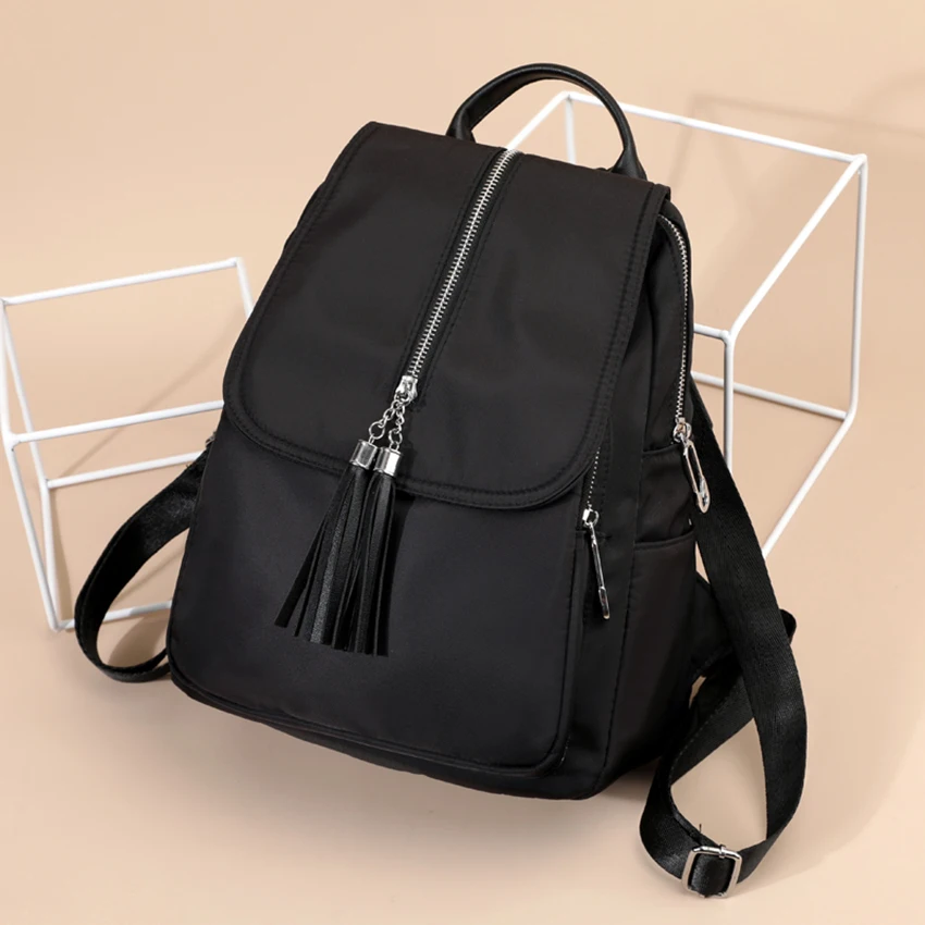 backpack women hiking tassels black waterproof Oxford cloth School bag new fashion casual cute light black backpack girl