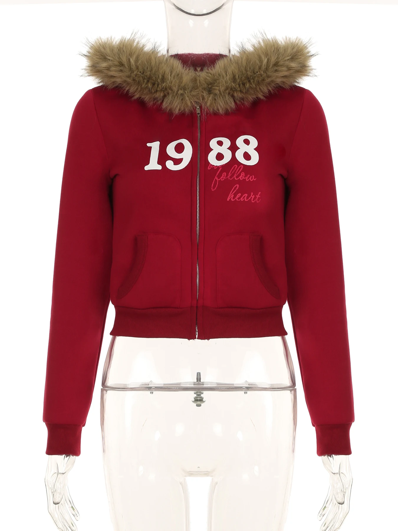 IAMSURE Casual Solid Fur Trim Hooded Sweatshirt Coats Basic Printed Zipper Long Sleeve Hoodies Women Winter Sporty Activewear