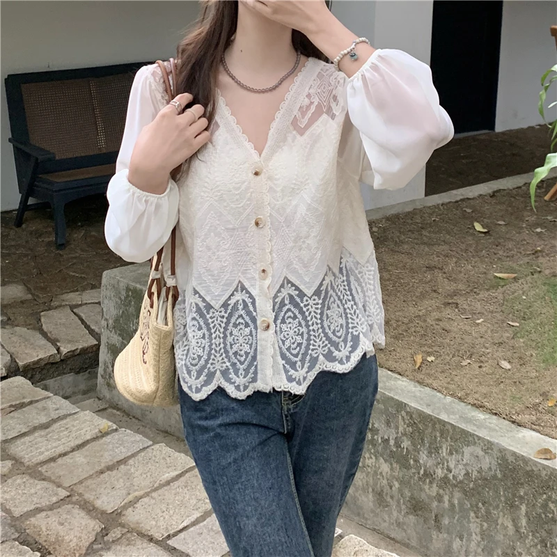 REALEFT 2024 New Lace Crochet Women\'s Blouses Spring Summer Patchwork Korean V-Neck Long Sleeve Single Breated Shirts Female