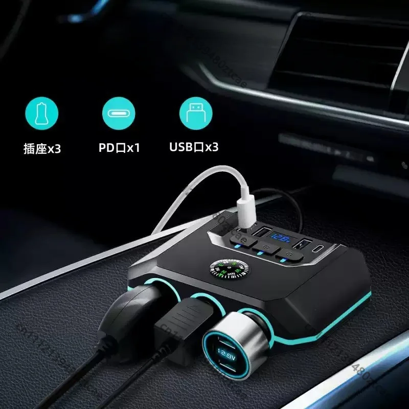 New  Car Cigarette Lighter Splitter 1 to 3 with Switch & Voltage Display, 4 USB Ports Car Charger, 120W