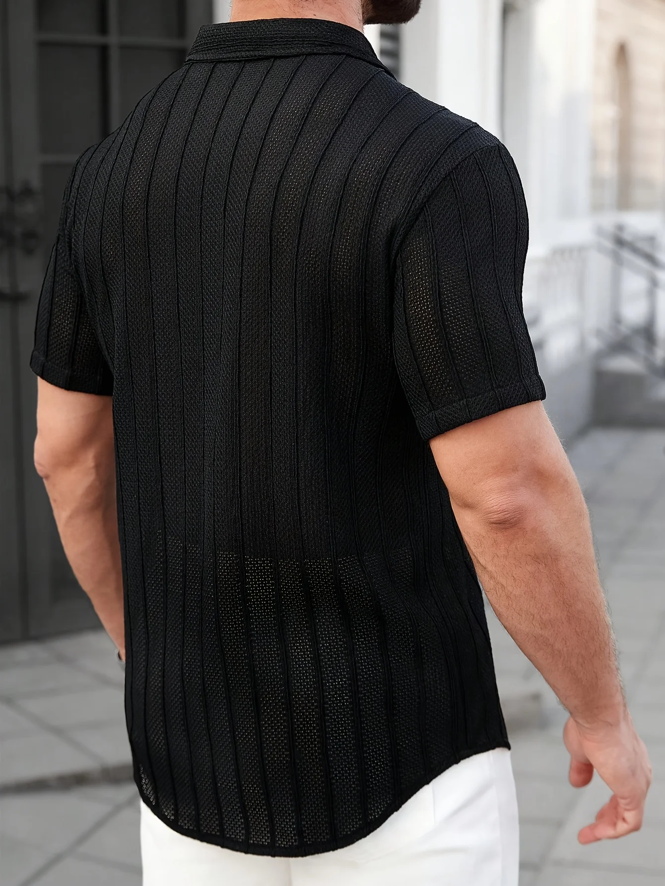 LVLAEA European/American Minimalist Style Men's Cardigan with a V-Neck, Striped Design, Fashionable Short Sleeves