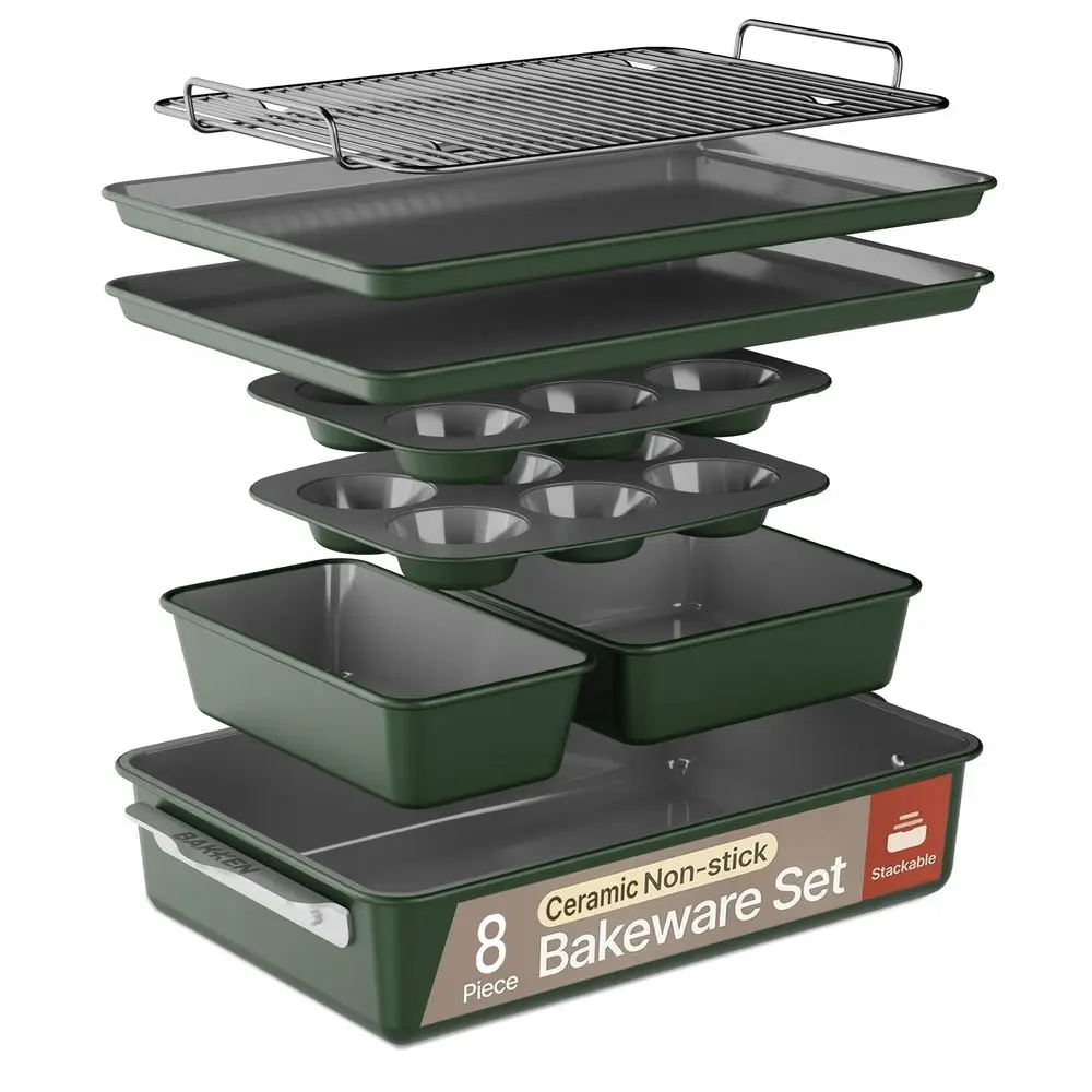 

8Piece Ceramic Coated Bakeware Sets, Nonstick Aluminized Steel Pans with Muffin, Loaf, Cake, Roasting Pan, amp Cooling Rack, Ov