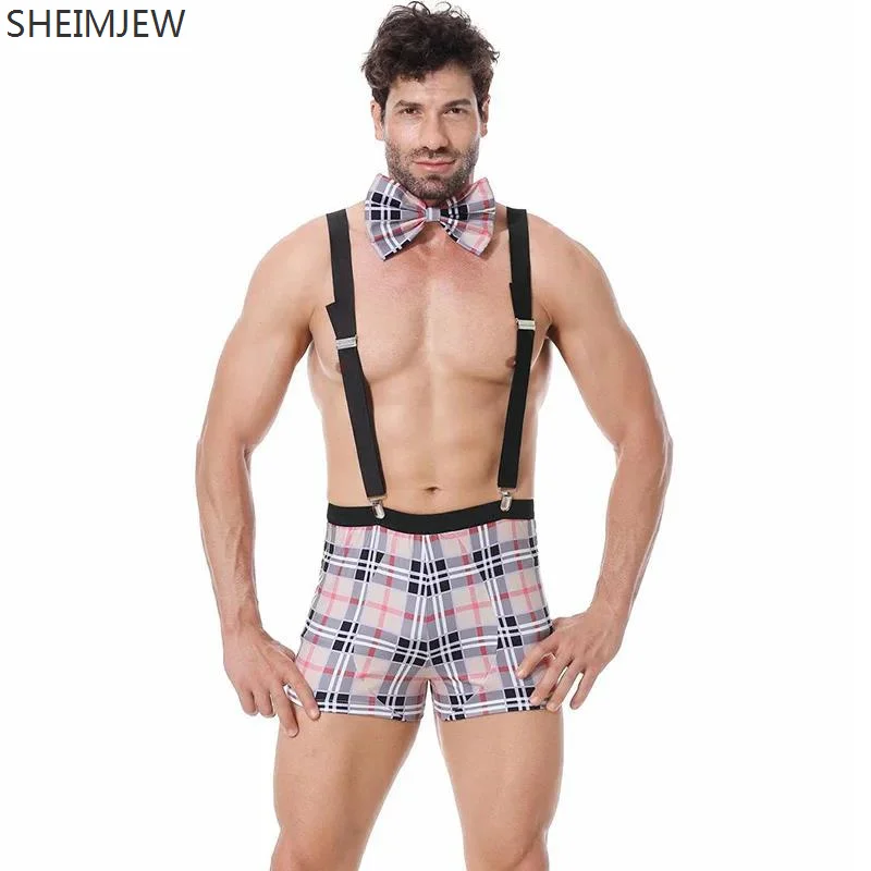 2024 Plaid nero e rosa sexy ​   Lingerie Costume Cameriere Cosplay Bretelle Vestito Costumi di Halloween Uomo Party Clubwear