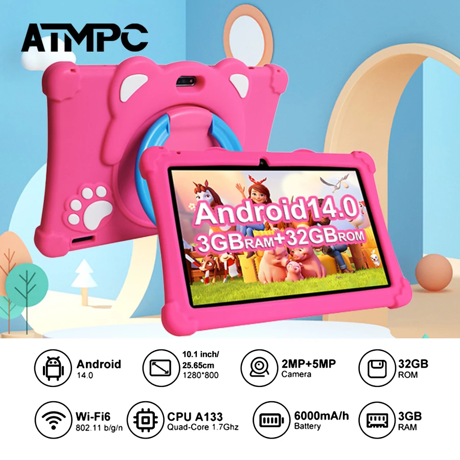 

Детский планшетный ПК ATMPC 10,1 дюйма, Android 14, 6 ГБ ОЗУ, 32 ГБ ПЗУ, экран IPS, защита глаз, Wi-Fi 6, планшет iWawa Parental Control
