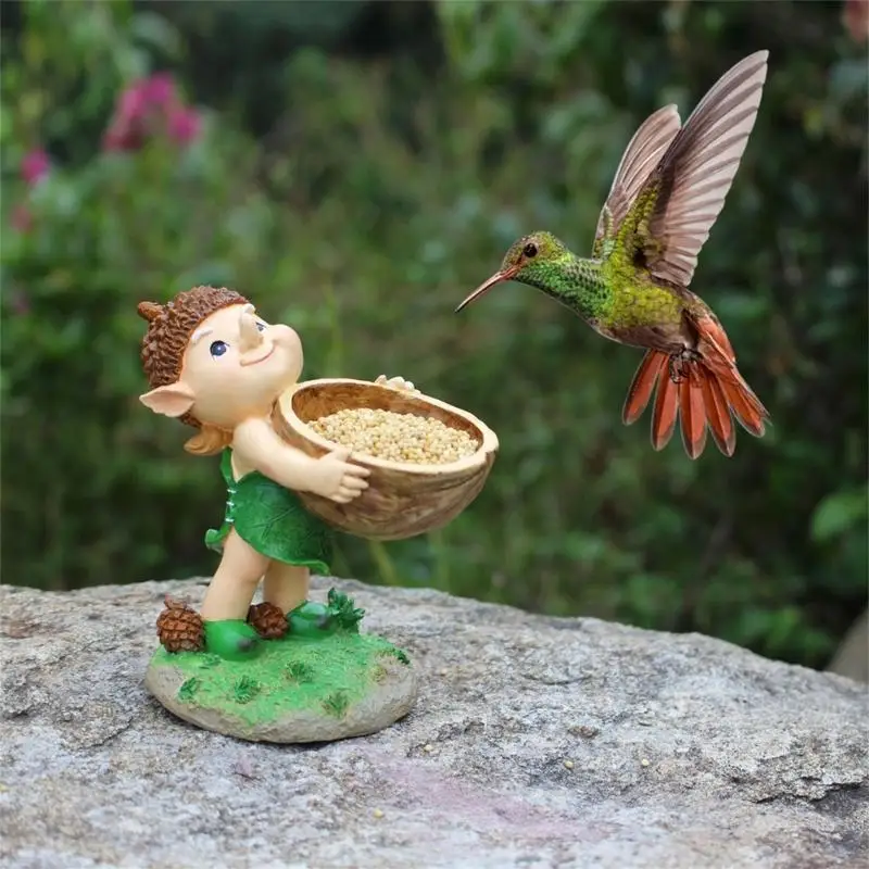 E28F Cute Elf Statue for Garden for Parakeets and Cockatiels Food Water Bowl Hanging Bird Bath Garden Bowl Food Water Feeder