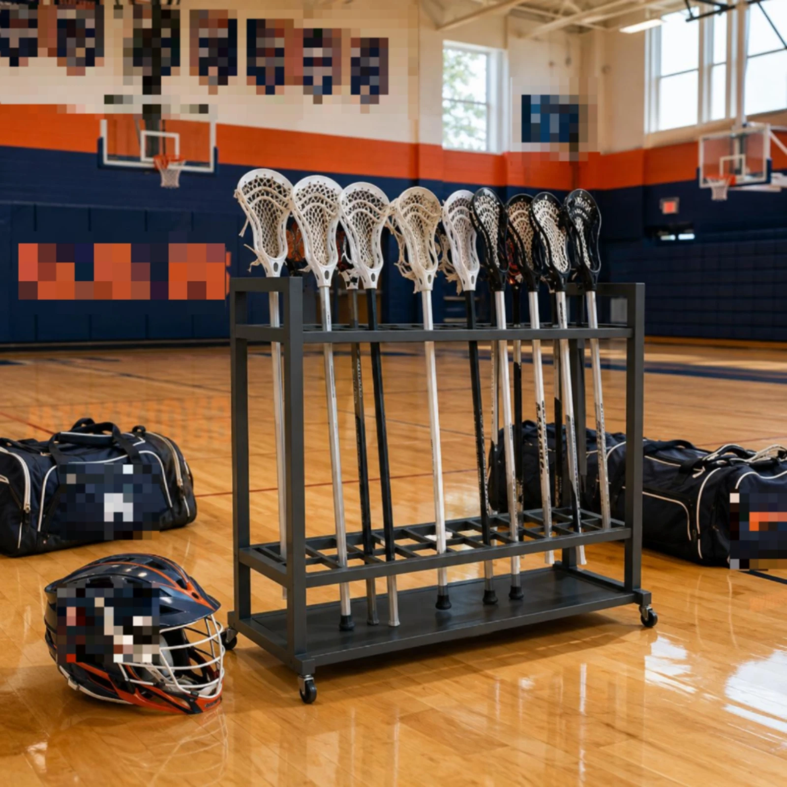

Lacrosse Stick Rack Caster Wheels Rolling Stick Rack Sports Equipment Organizer Solid Base Multi-Purpose for Locker Room