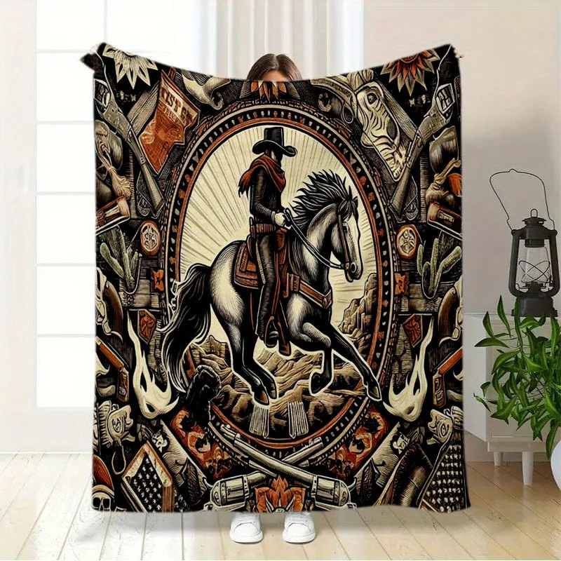 American Cowboy Culture Flannel Blanket - Contemporary Style, Polyester, Knitted, Digital Print, All-Season, Tear Resistant
