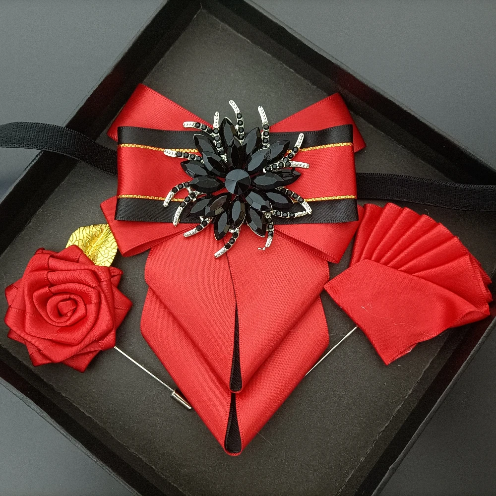 Bow Ties Pins Set Original Design Handmade Luxury Rhinestone Men's Business Banquet Wedding Suit Shirt Collar Flower Brooch Sets
