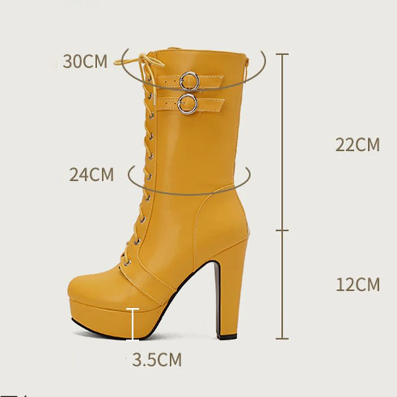 

SIMLOVEYO Updated Women's Mid Calf Boots Round Toe Thick Heels 12cm Platform 3.5cm Zip Lace Fasten Plus Size 47 48 49 50