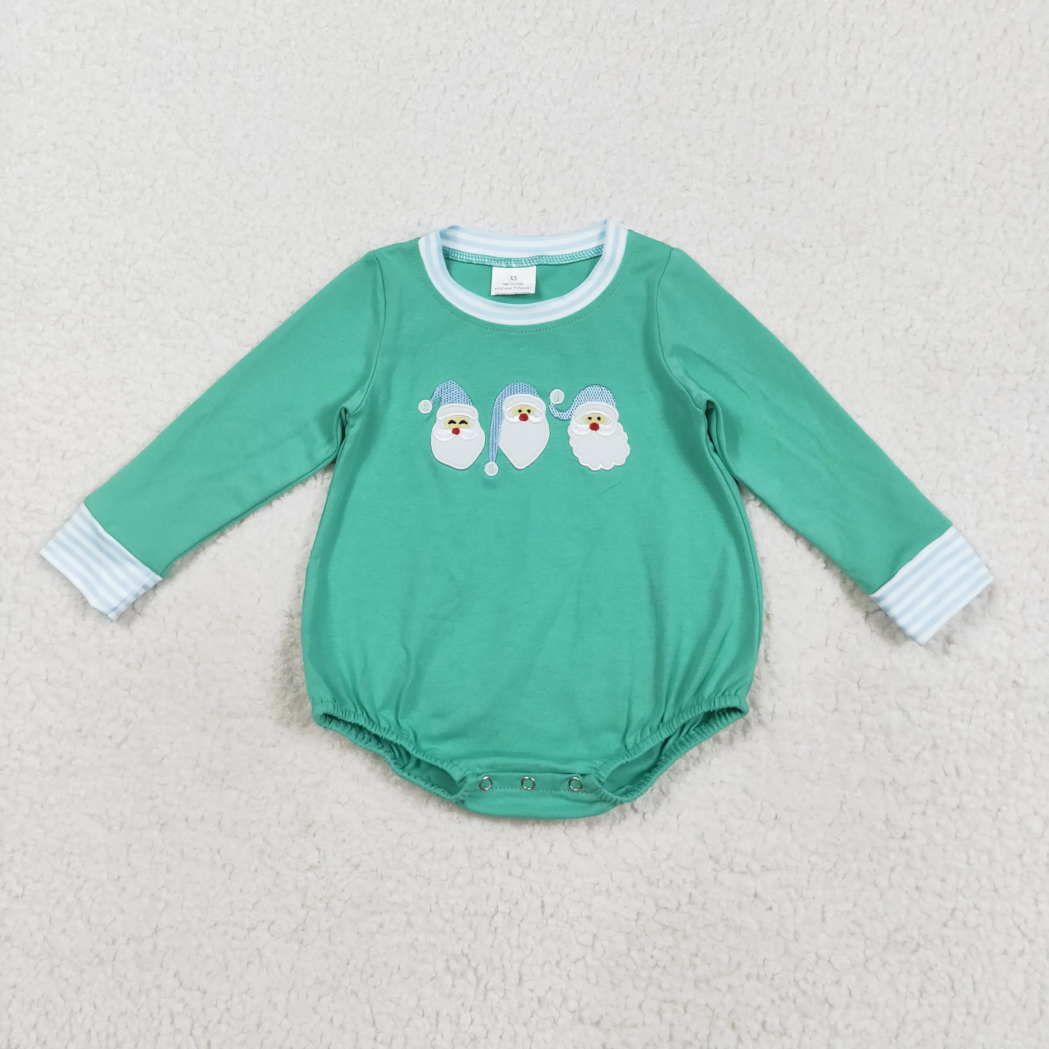 

8.18y New baby boys romper boutique Christmas embroidered Santa Claus blue stripes green long sleeve onesie