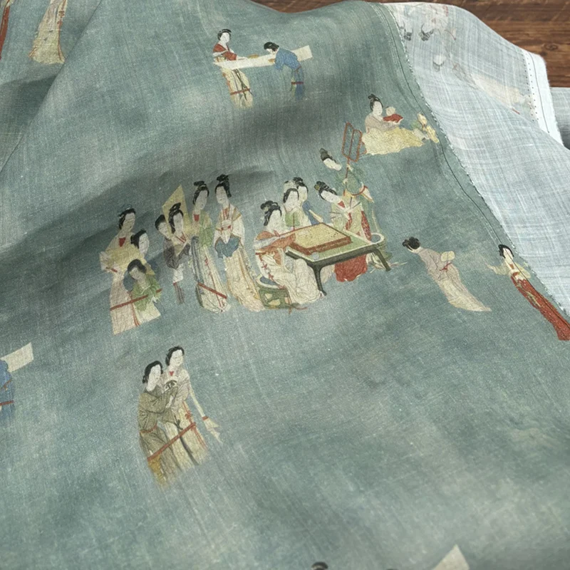 100%Ramie Fabric for Home Morandi Green Chinese Traditional Print Breathable Natural Vintage Embroid Blouse Material Hanfu Qipao