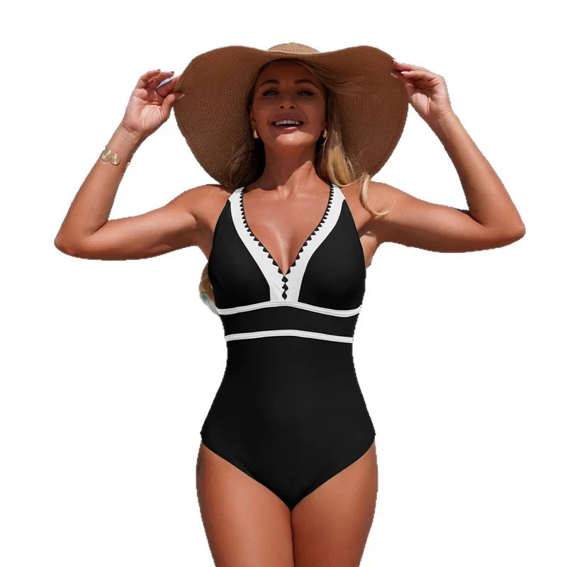 Woman Swimsuit V Neck Turquoise Bathing Suit Solid Contrast Trim Black Monokini High Cut Leg Swimwear with Adjustable Straps view 5