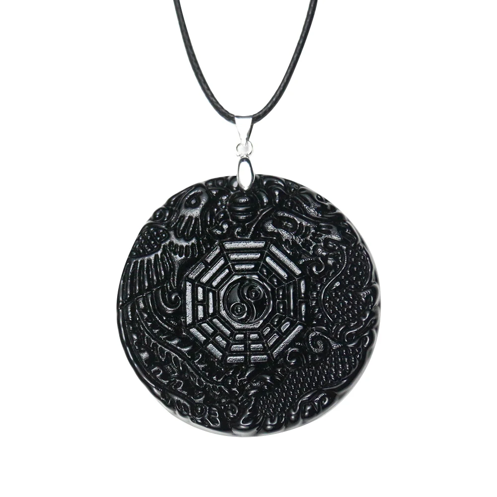 Obsidian Eight Diagrams Dragon and Phoenix Necklace Bagua Black China Carving Yin Yang Tai Ji Pendant Women Men Amulet Jewelry