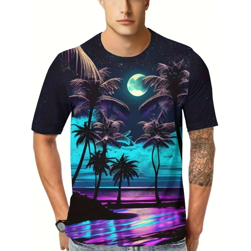 

Coconut Tree Pattern T Shirt For Men Colorful Gradient 3D Printed Tees Summer Street Short Sleeve Round Neck Tops Loose T-Shirts