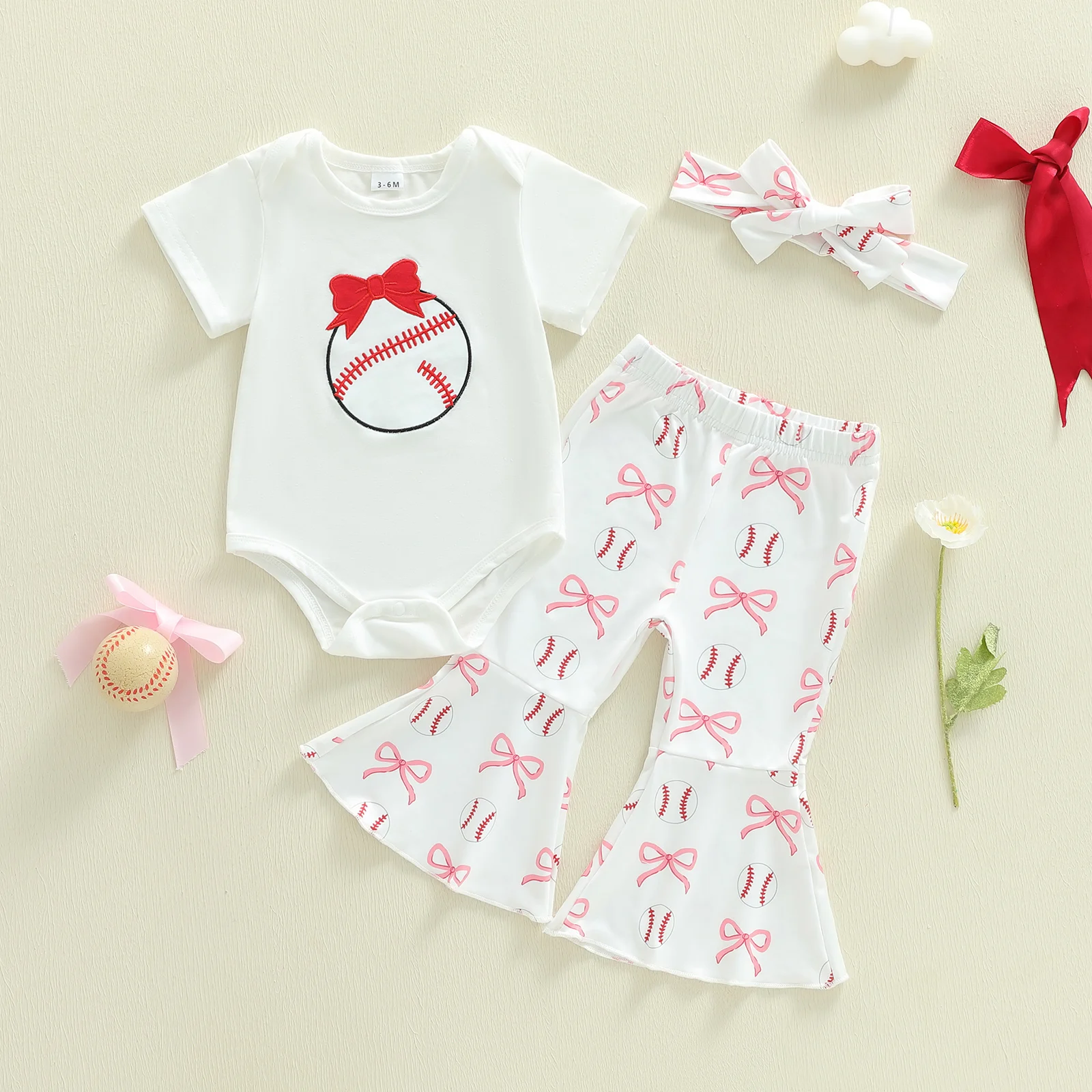 رومبير أنيق بدون أكمام بطبعة زهور مع ربطة رأس متطابقة مع تفاصيل كشكش وسراويل جرس سفلية طقم مكون من 3 قطع للفتيات الصغيرات