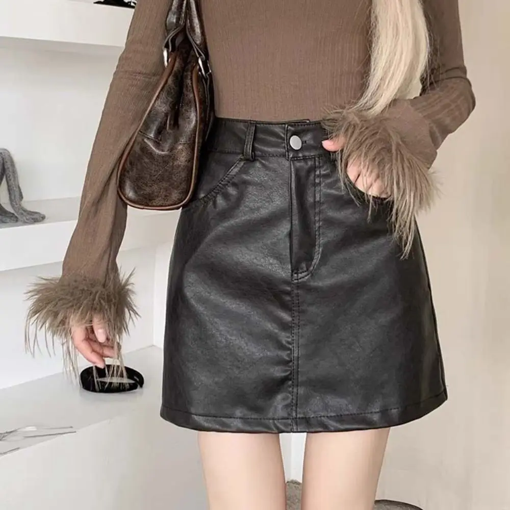 

Harajuku Zipper PU Leather Skirt Slim Fit Retro High Waist A-line Skirt Solid Color Autumn Winter Skirt with Safety Pants Girls