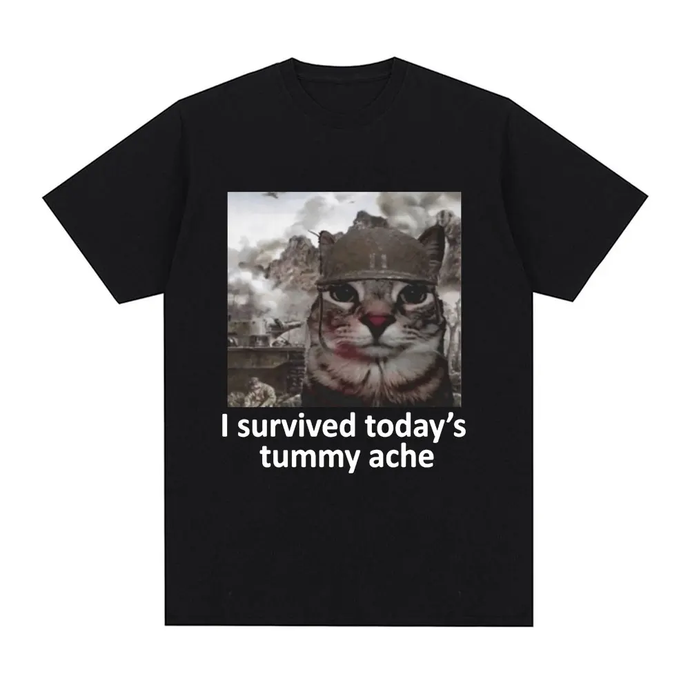 I Survived Today's Tummy Pain T-shirt Funny Cat Meme T-shirt a maniche corte Uomo Donna Cotone Casual T-shirt Streetwear