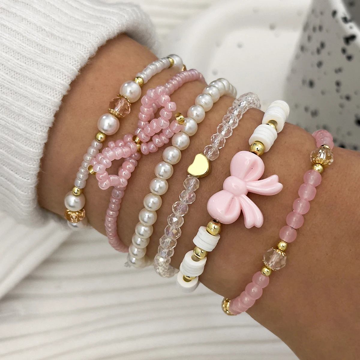 6 unids/set de pulseras con lazo con cuentas de amor y perlas bonitas europeas y americanas para mujer, regalos de joyería dulce de diseño Simple