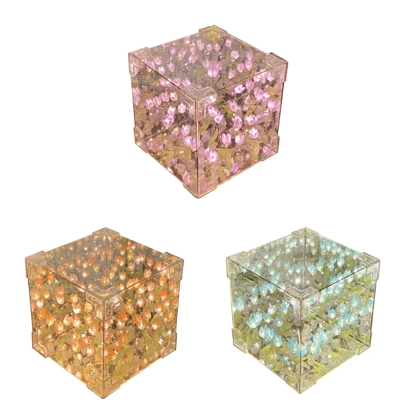 

Elegant DIY Tulips Arrangement Night Light Set Handmade Flower Cube Table Lamp for Artistic and Crafting Enthusiasts