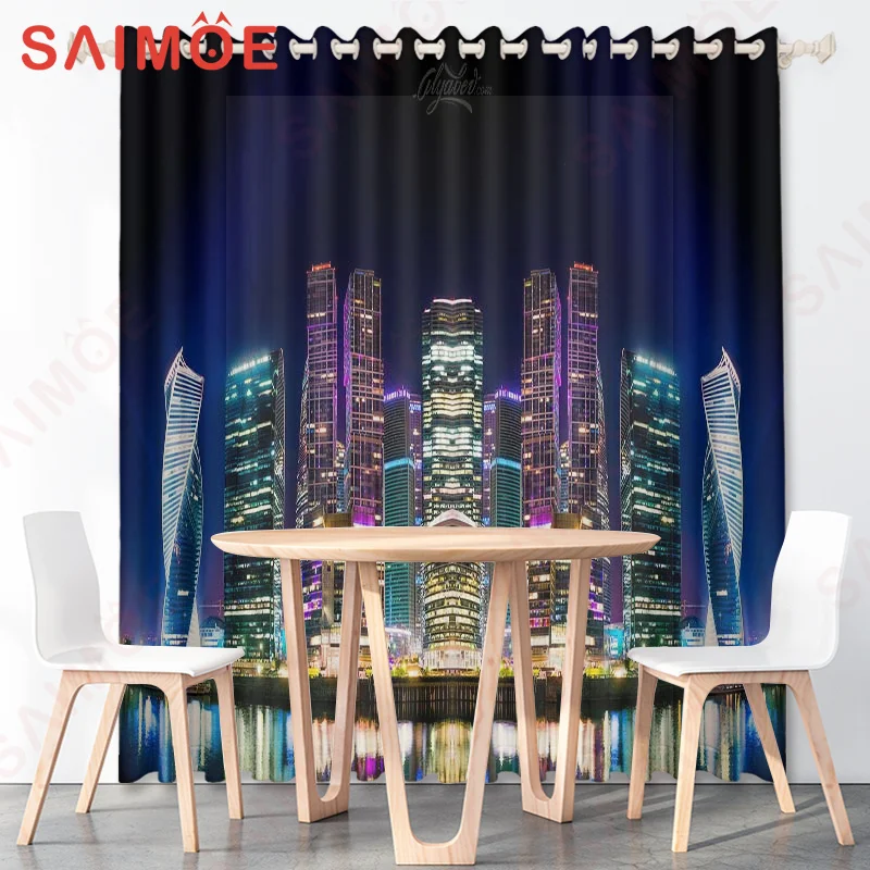 3D Modern Night View Sunset Building Curtains Car Bustling City Lights Custom Thin Polyester Fabric Office Background Decoration