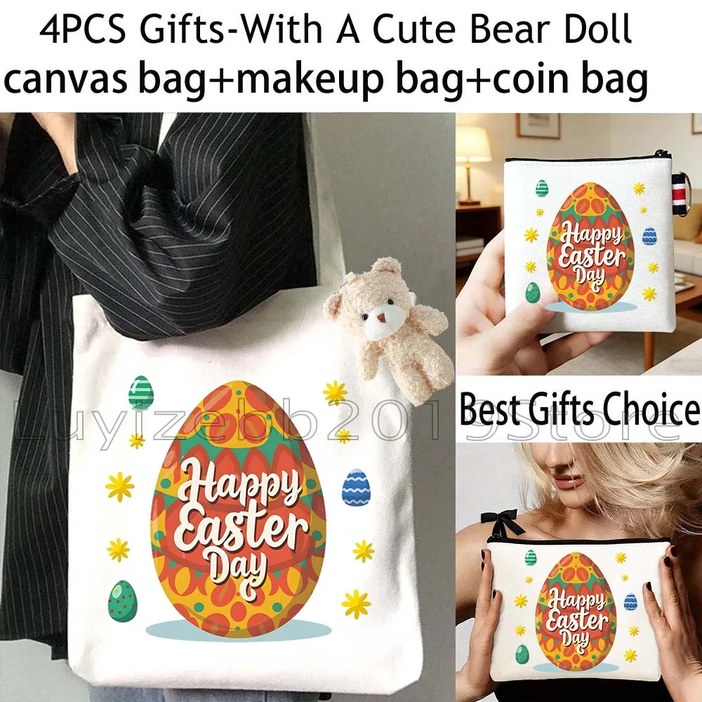 4PCS Gifts Cute Rabbit Bunny Eggs Happy Easter Day Canvas Tote Bag Cotton Handbag,Cosmetic Makeup Bag,Coin Purse Wallet Pouch
