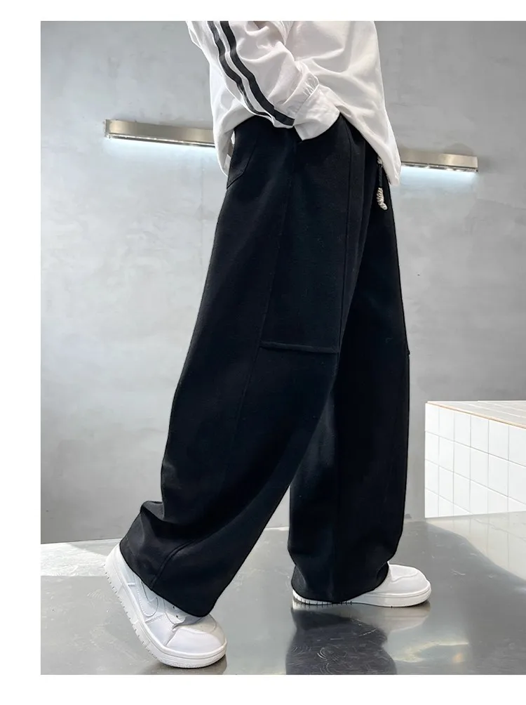 2026 Neue Frühlings-Freizeithose für Kinder, Schwarze Jogginghose mit Elastischem Bund und Geradem Bein für Jungen, Lockere Hose mit Taschen – Detail 7