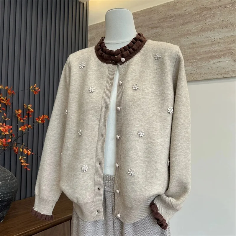 

Осенний женский вязаный кардиган большого размера 4XL, свободный свитер для женщин среднего возраста, модный корейский стиль, с длинными рукавами