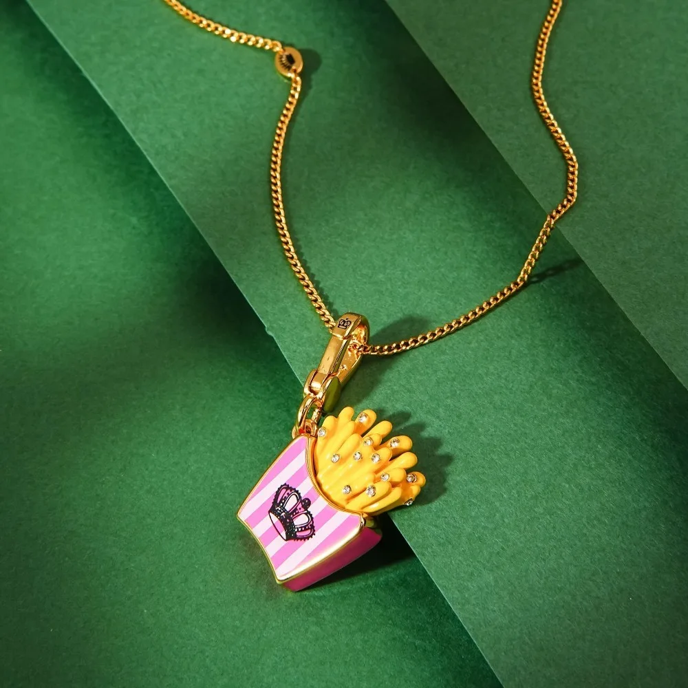 

New Women's Zircon-Encrusted Enamel French fry Crown Pendant Necklace, a Perfect Gift for a little Girl.