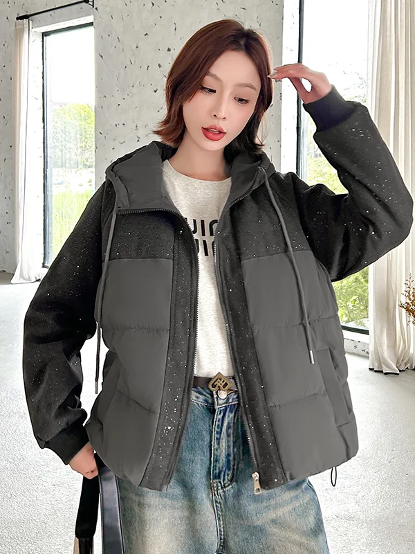

Winter New Women's Cotton Jaet Hooded Splicing Super Star Flaing High-End Feelings Korean Sle Loose Fit Zipper ket