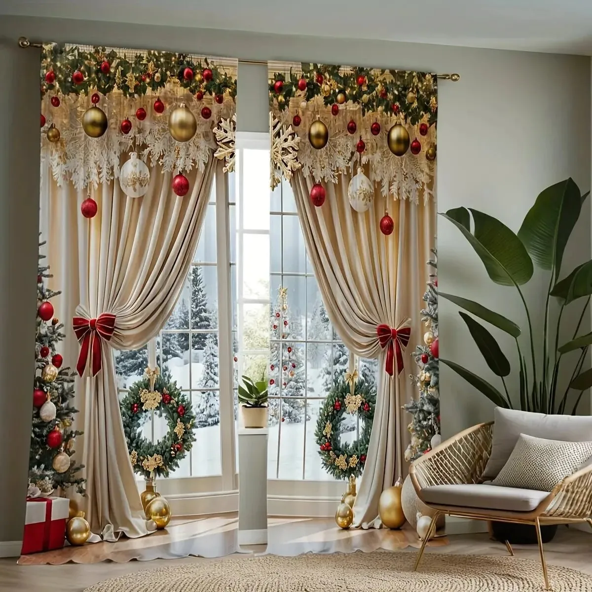2PCS Christmas Curtains Xmas Ball Ornaments Snow Window View Digital Print Drapes for Living Room Bedroom Holiday Home Decor