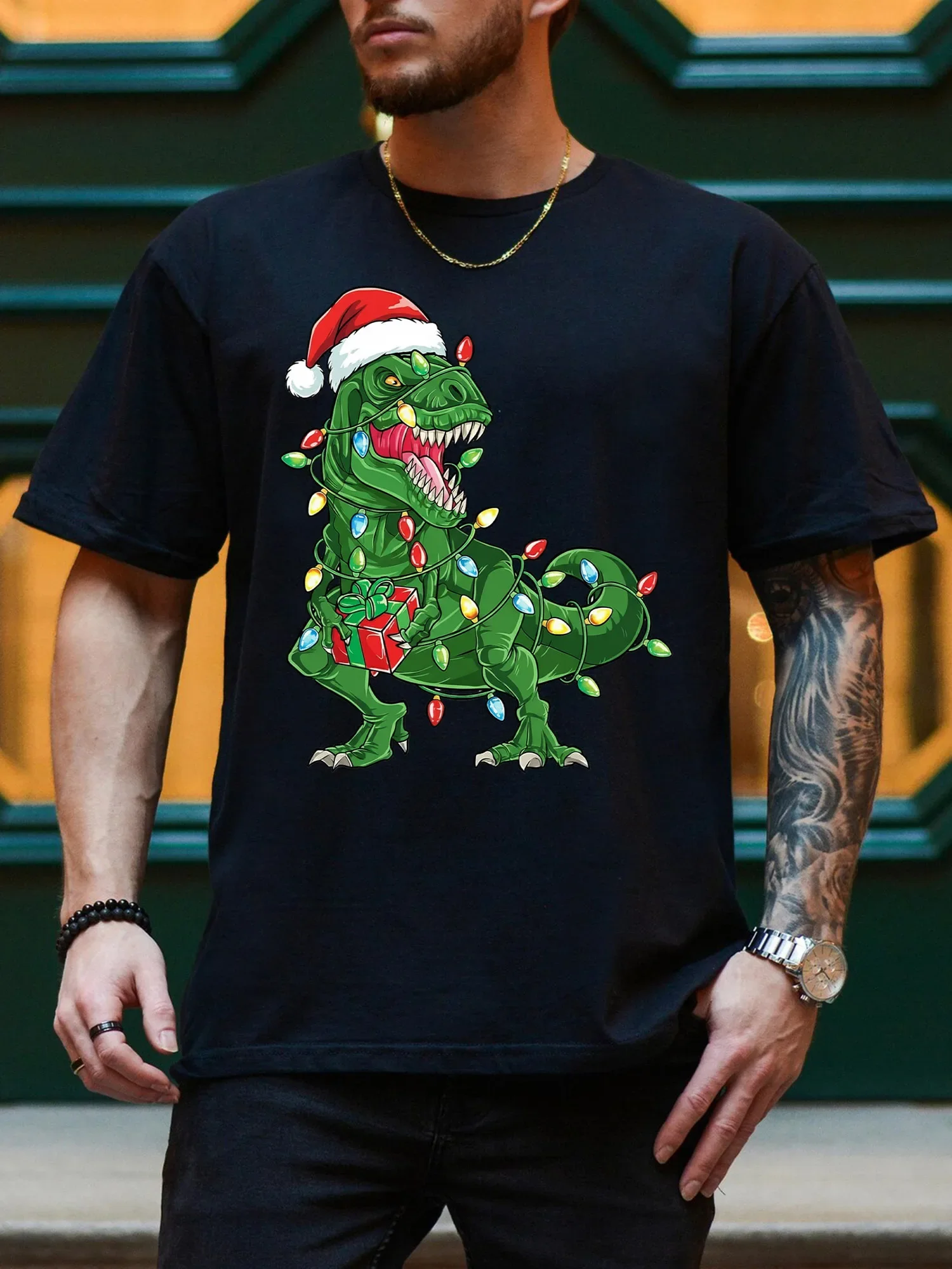 

Christmas Santa T-Rex Dinosaur Men's Graphic Tee, Casual Black T-Shirt, Lightweight Crew Neck Tee