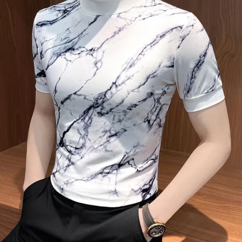 Marble Print Men's Short Sleeve T-Shirt Fashionable Casual Daily Wear Breathable Knit Design Round Neck Summer Top