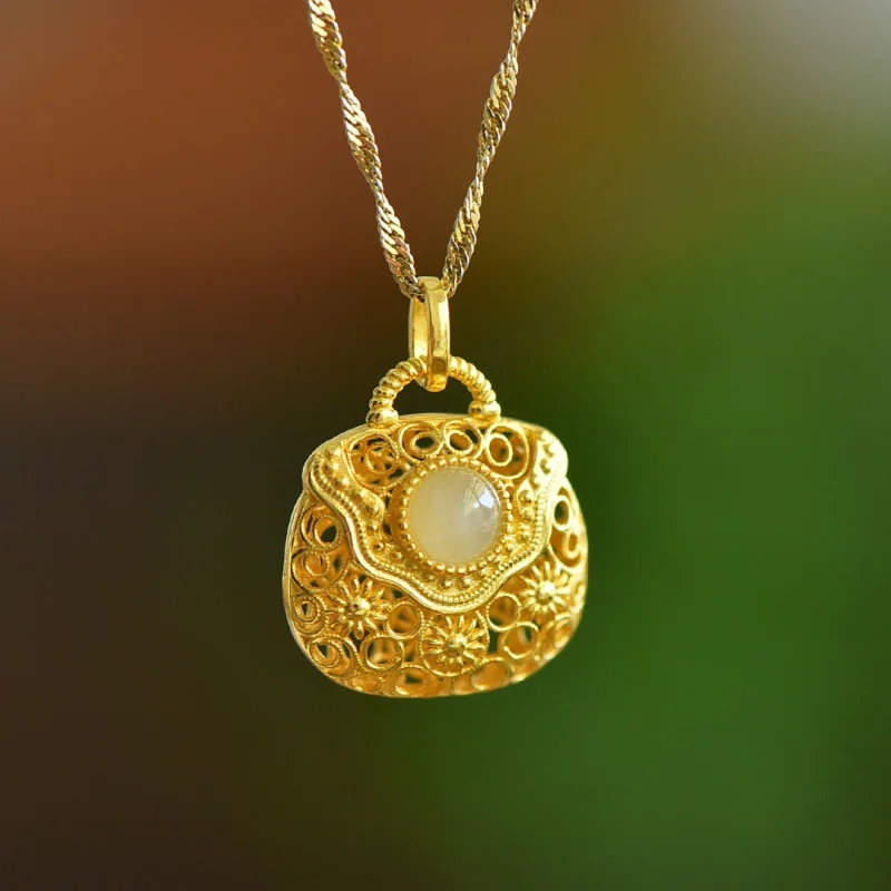 

New Chinese Hetian Necklace Hollow Filigree with Certificate 925 Silver Gold Plated Handbag Ancient Style Jade Pendan