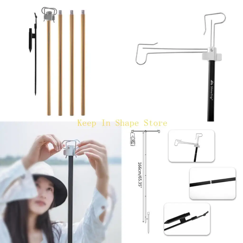 U1JC 166cm Camping Light Rod Protable Folding Aluminum Alloy Double Hanging Hook with Stake Outdoor Camping Lamp Stand Holder