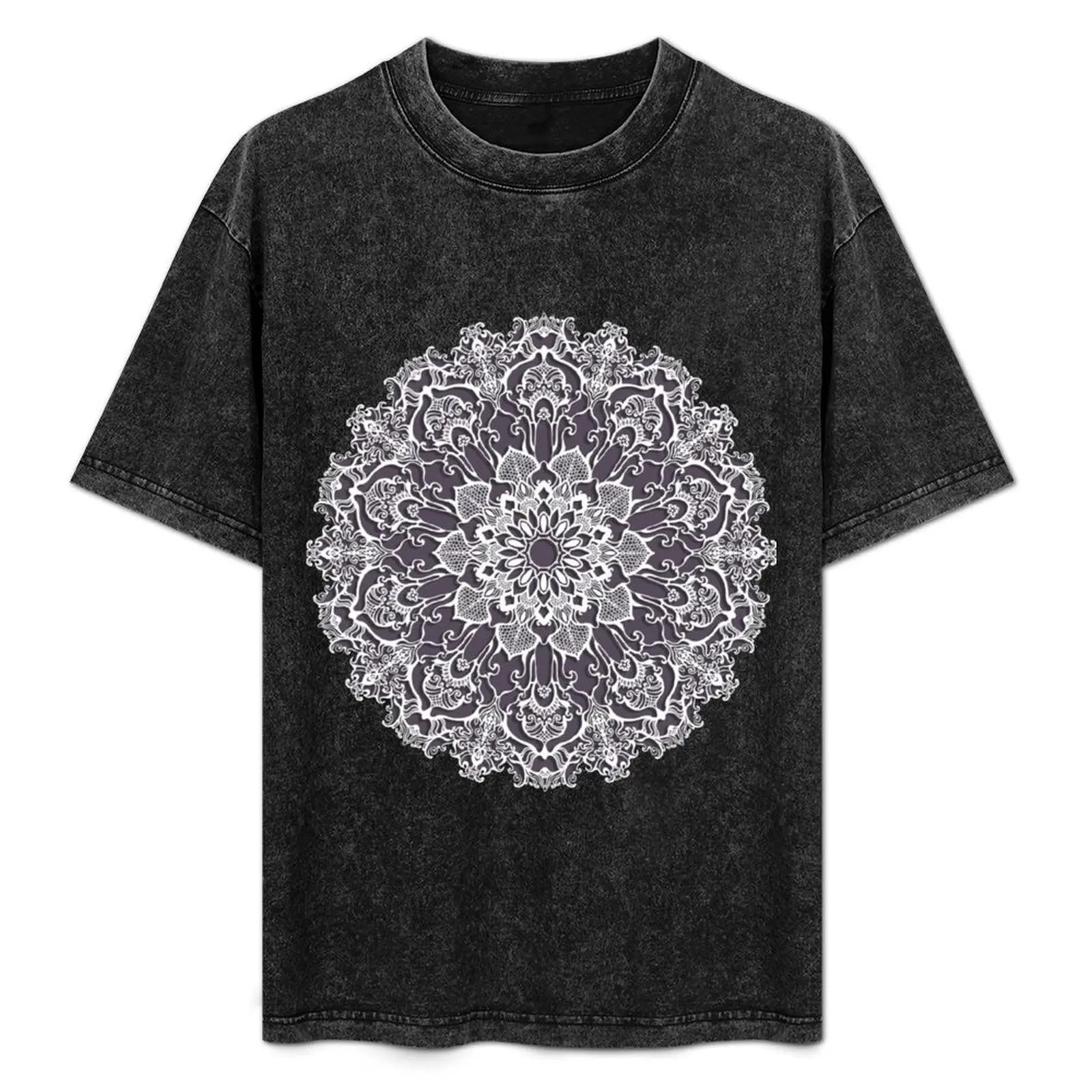 hand drawn white mandala on dark violet background T-Shirt anime clothes vintage anime shirt men clothes