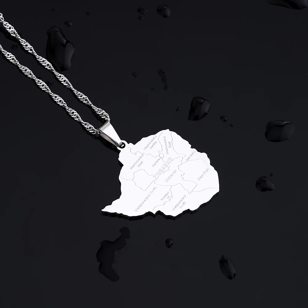 Mode Simbabwe Karte Stadt Anhänger Halskette Edelstahl Gold Silber Farbe Männer Frauen Afrika Karte Schmuck Geschenk – Detail 4