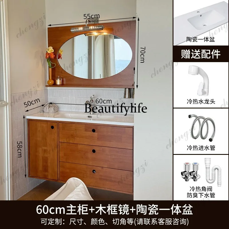 Medieval style bathroom cabinet combination ceramic integrated basin, same oak paint washing table, pallet mirror, bathroom