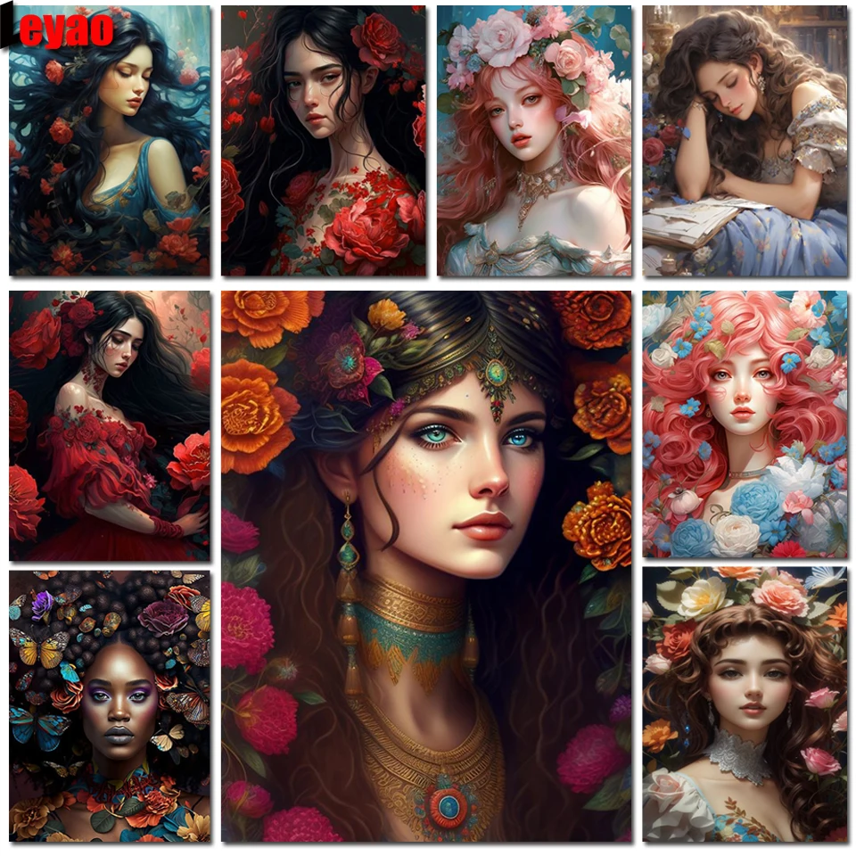 5D DIY Diamond Painting Flower Woman Pictures Full Square Round Diamond Mosaic Fantasy Fairy Cross Stitch Kits For Home Decor