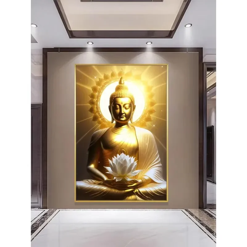 Gold Frame Buddha Wall Art Painting Serene Lotus Statue Decorative Zen Living Room Home Decoration Modern Religious Canvas