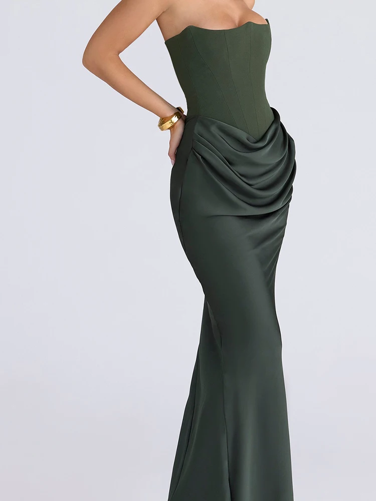 ชุดเดรสแฟชั่นสีสันตัดกันแบบเว้า โชว์ไหล่ สายเดี่ยว ผ้าซาติน ทรงยาว หรูหรา เอวสูง จับจีบ ชุดราตรี