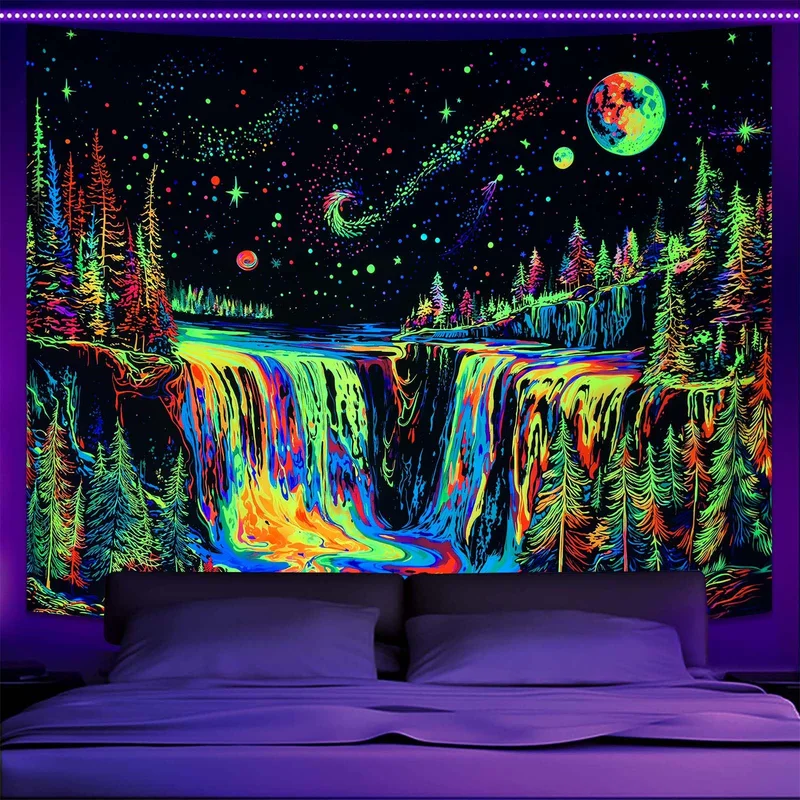 VIKAMA Blacklight UV Reactive Skull Tapestry Neon Mushroom Forest Trippy Glow Dark Wall Hanging Dorm Party Bedroom Decor