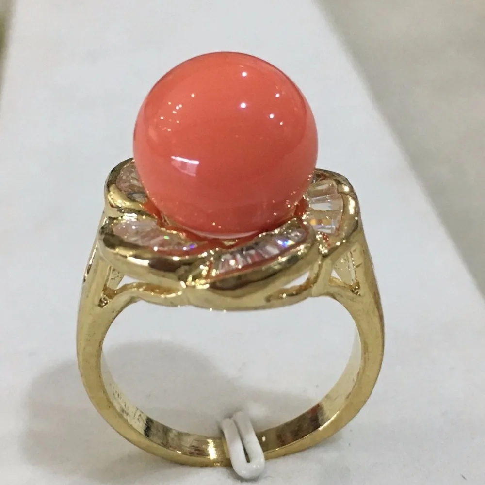 

R010 New trend lady's 18kgp inlay crystal flower shape 12mm orange shell pearl fashion ring SIZE 6/7/8/9/10
