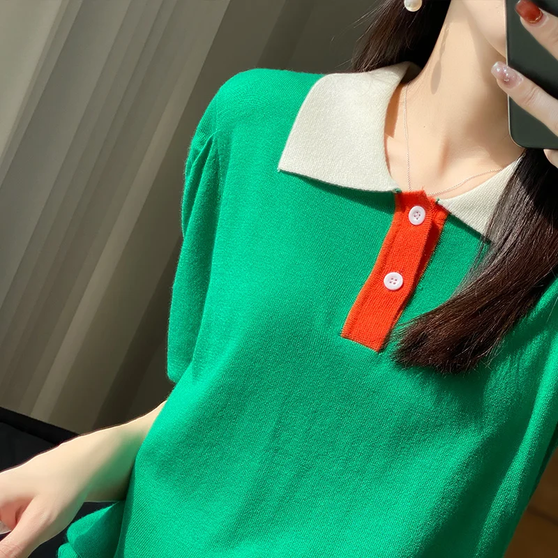 Women's Korean Version Wool Polo Collar Short Sleeved Knitted Sweater Thin Commuting Top, Loose Top, Inner Layer, Spring, New