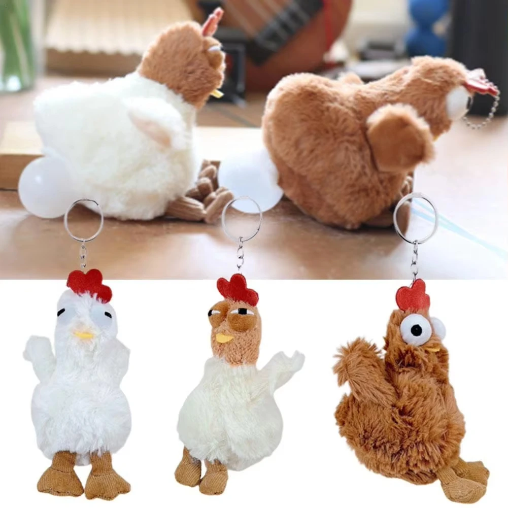Funny Plush Chicken Egg Laying Hens Keychain Cute Plush Hens Keychain Creative Cartoon Animal Keyring Bag Hanging Decorations