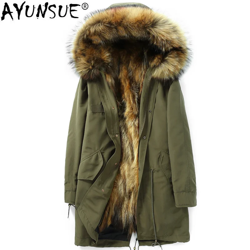 

New Winter Jacket Men Parka Real Raccoon Fur Liner Long Coat Parkas Hombre Warm Overcoat Manteau Homme Hiver KJ1642