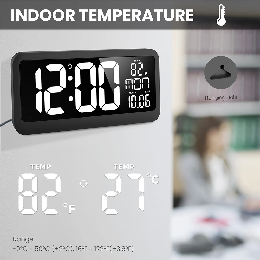 EM3217 Ultra-Clear LED Large Screen XXL Wall Clock Living Room Alarm Clock Temperature Clock with Indoor Temperature Display