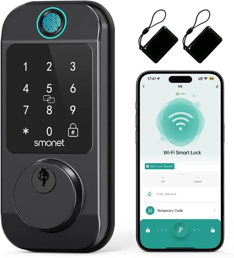 

Wifi Front Door Lock: SMONET Fingerprint Entry Smart Locks, App Remote Control for Rental,Digital Keypad Bluetooth Deadbolt Lock