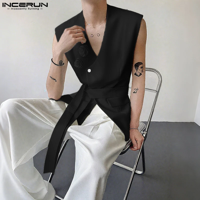 

INCERUN Men Vests Flower Solid Color V Neck Sleeveless Lace Up Male Waistcoats Streetwear 2025 Korean Style Fashion Casual Vests